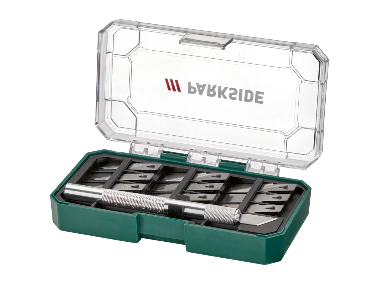 Parkside carving knife set with handle and various blades in a green and clear case.