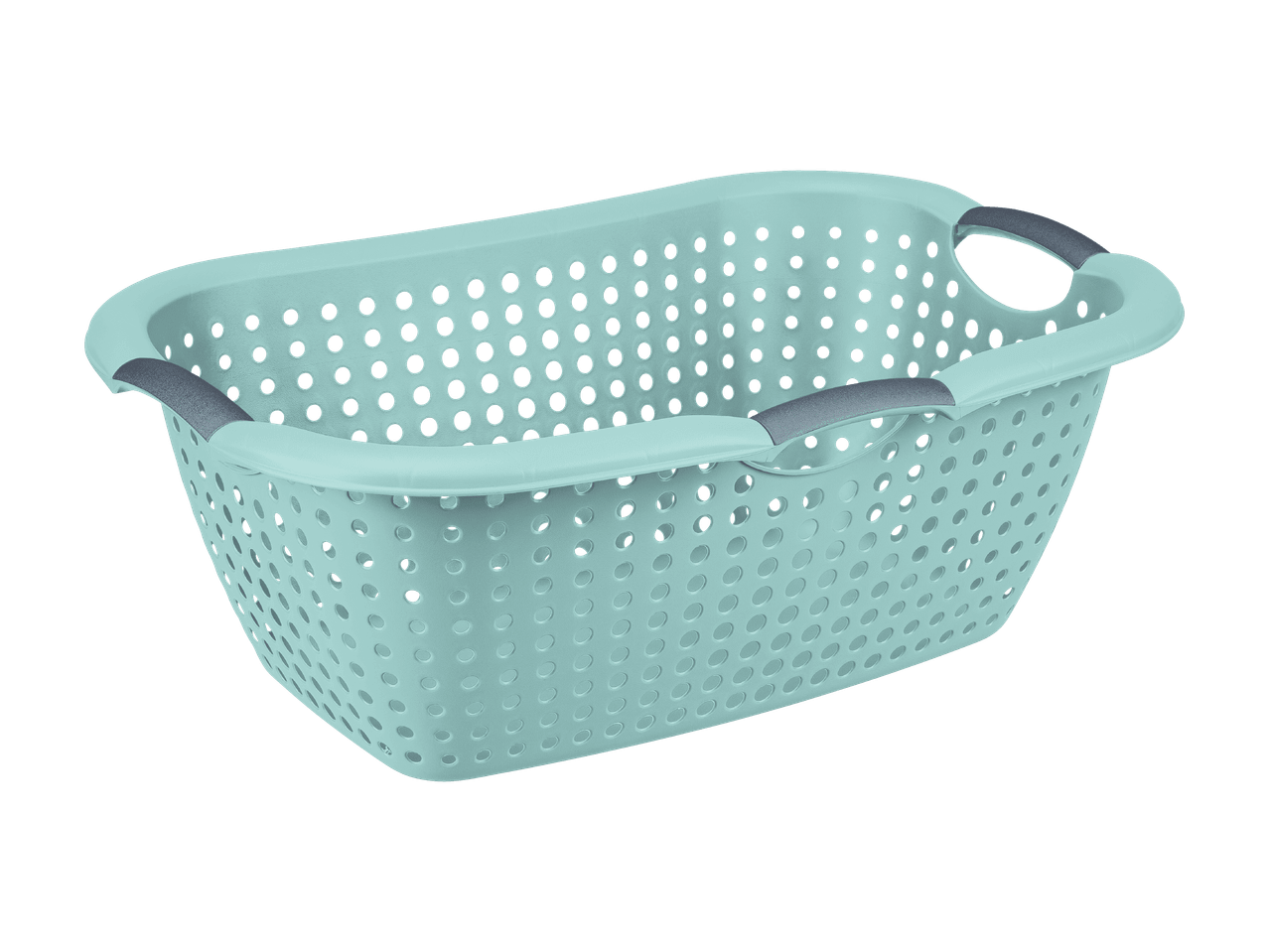 Lyseblå vasketøjskurv med grå håndtag og perforeret design.