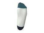 A single white sock with a teal toe and a dark blue heel.