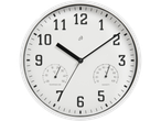 A white analog wall clock with integrated thermometer and hygrometer displays the time, temperature, and humidity.