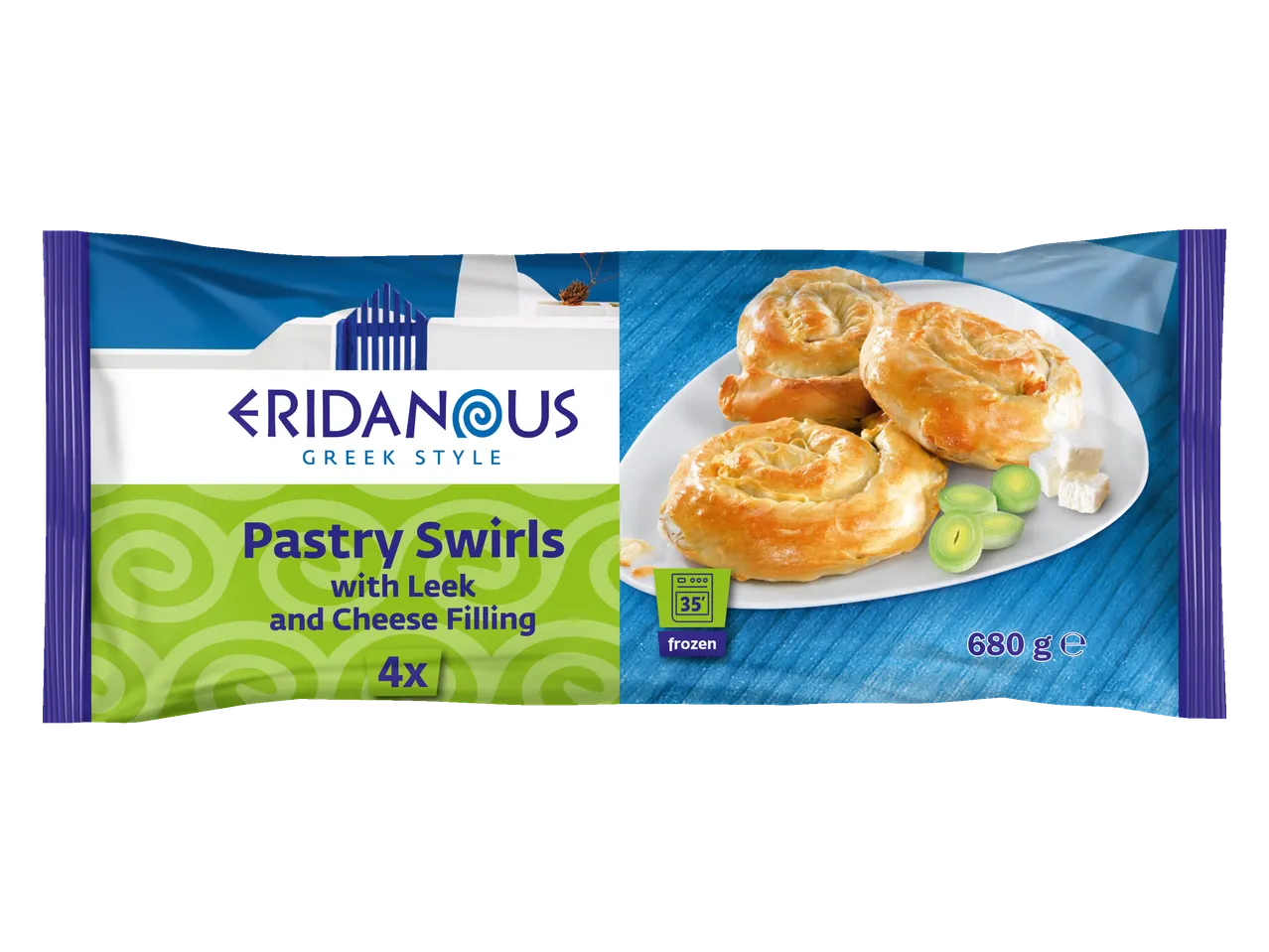 Eridanous Greek style pastry swirls with leek and cheese filling, frozen.