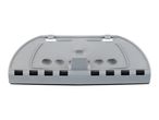 Gray plastic whiteboard eraser with a semi-circular top and black felt strips on the bottom.