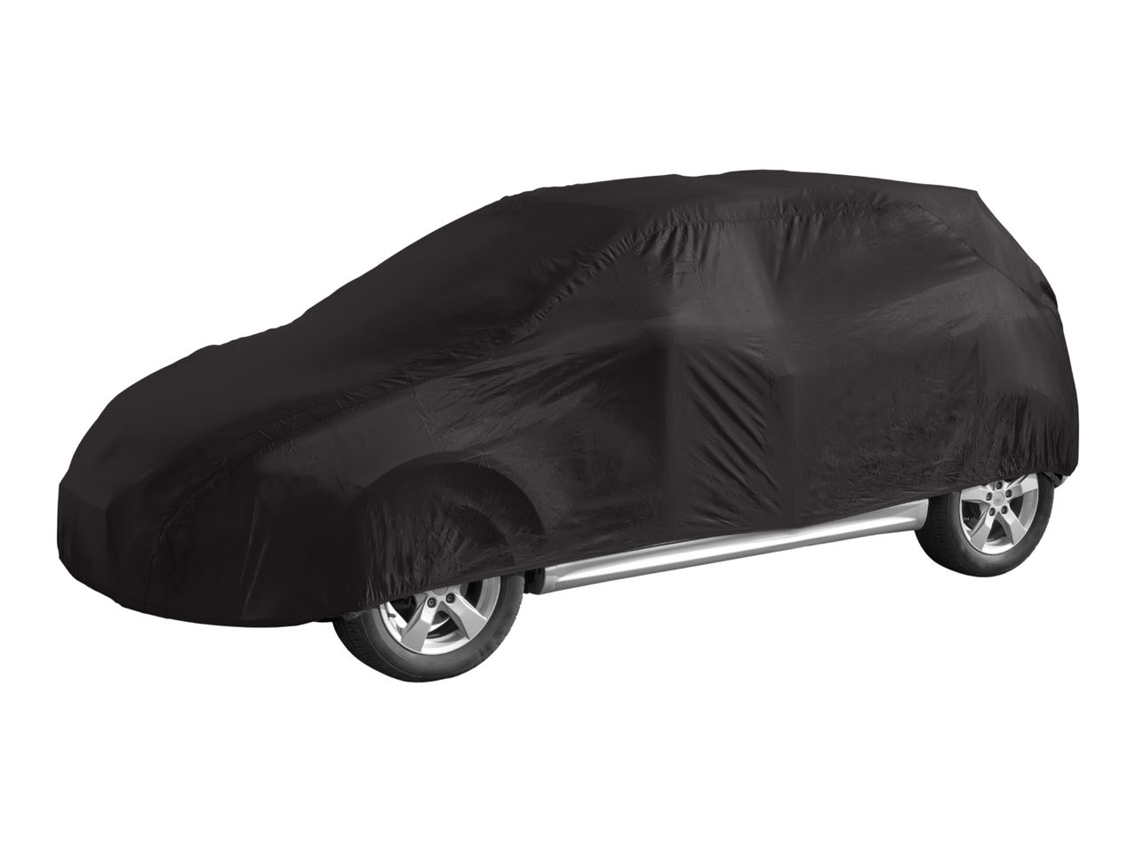 Black car cover on a vehicle with visible wheels and side step.