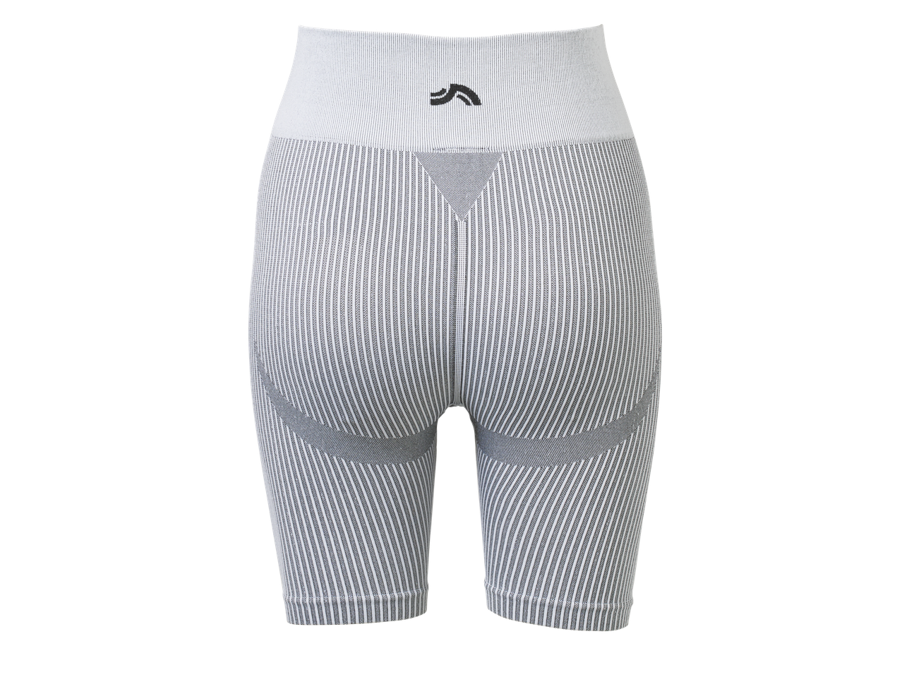 Ženski bešavni biciklistički šorts u belim i sivim prugama sa crnim logom na pojasu.