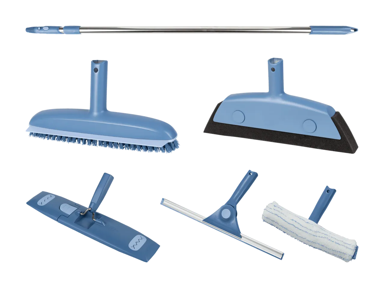 Ensemble d'accessoires de nettoyage bleus, comprenant une brosse, une raclette, un lave-vitres et un balai à franges.
