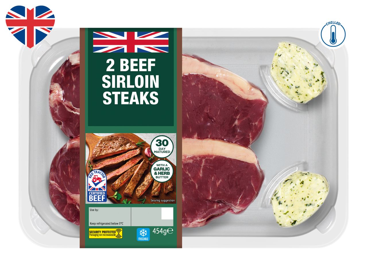 Two chilled beef sirloin steaks with garlic and herb butter, 30-day matured, 454g.