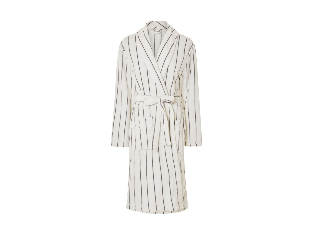 A white striped women's bathrobe with a self-tie belt.
