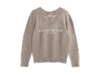 Beiger Strickpullover mit V-Ausschnitt und weißem „STRENESSE BLUE“-Schriftzug