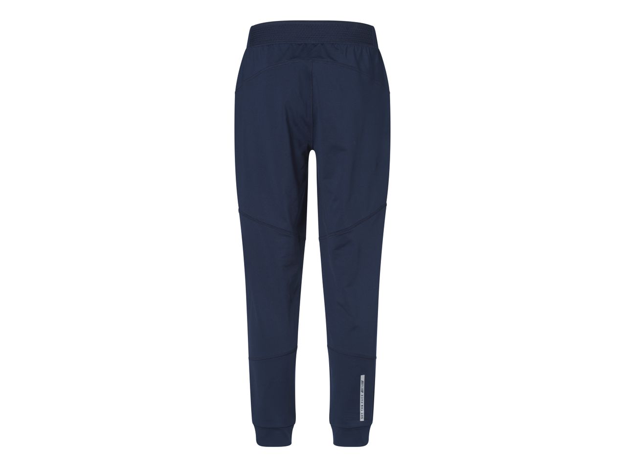 Dark blue men's sports trousers with elasticated waist and cuffs, featuring a reflective detail.