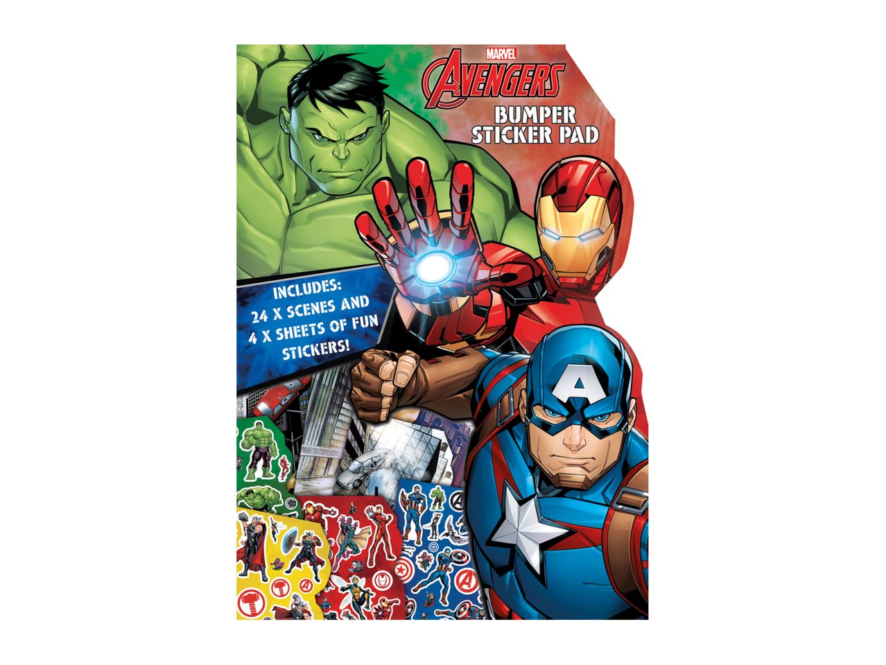 Avengers activity book featuring Hulk, Iron Man, and Captain America.