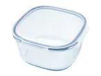 Clear square glass food storage container with a transparent lid and blue seal
