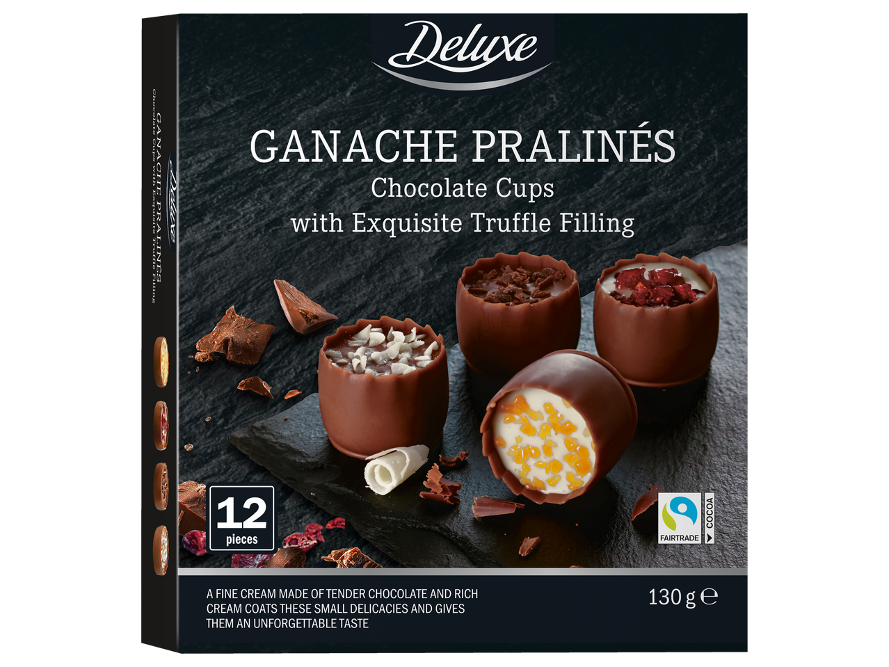 Cutii de ciocolată Deluxe Ganache Pralinés cu umplutură rafinată de trufe.