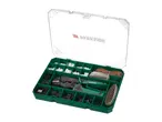 A green organizer box filled with various electrical connectors, crimping tool, and wires.
