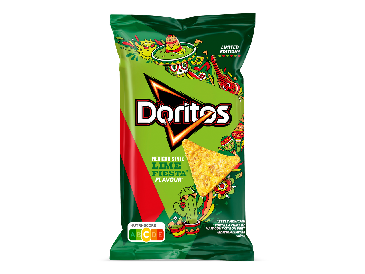 Groene zak tortillachips met limoensmaak en Mexicaans thema.