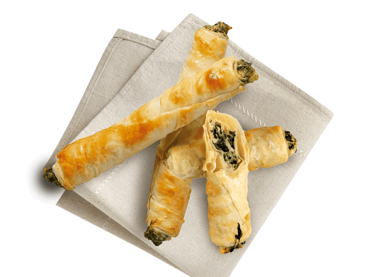 Drei Spinat-Käse-Stäbchen auf einem Papieruntersetzer.
