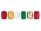 Šeši CRELANDO® dovanų juostelių ritinėliai: raudona, auksinė, balta, žalia, auksinė, raudona.