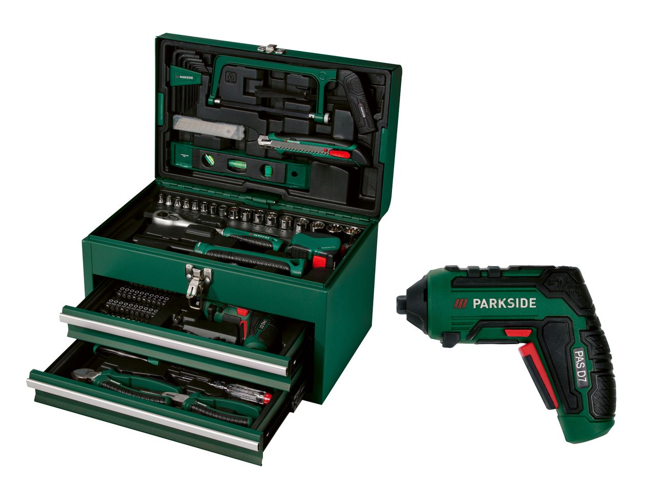 Werkzeugkasten mit Akkuschrauber, Schraubenschlüsseln, Zangen und weiterem Handwerkzeug.