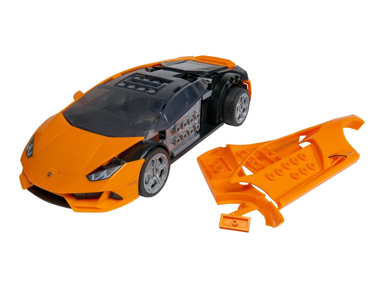 Orange toy sports car with a removable body panel next to the chassis.