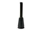 Side view of a sleek black tower fan on a white background