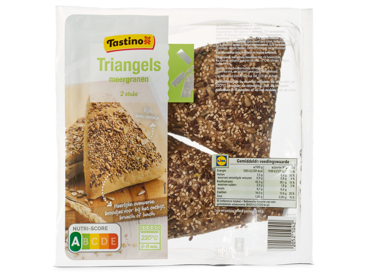 Tastino Triangels meergranenbroodjes in verpakking met voedingsinformatie.
