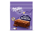 Paarse verpakking met een chocoladebrownie en de tekst 'Choco Brownie'.