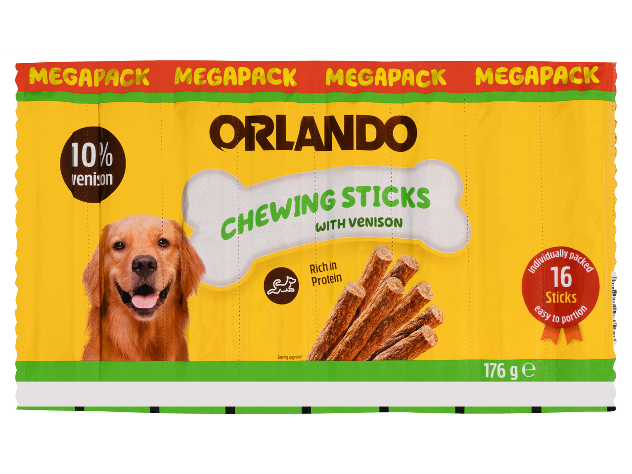 Orlando MegaPack Rágópálcikák szarvasból: 16 egyenként csomagolt pálcika, 10% szarvas, magas fehérjetartalom.