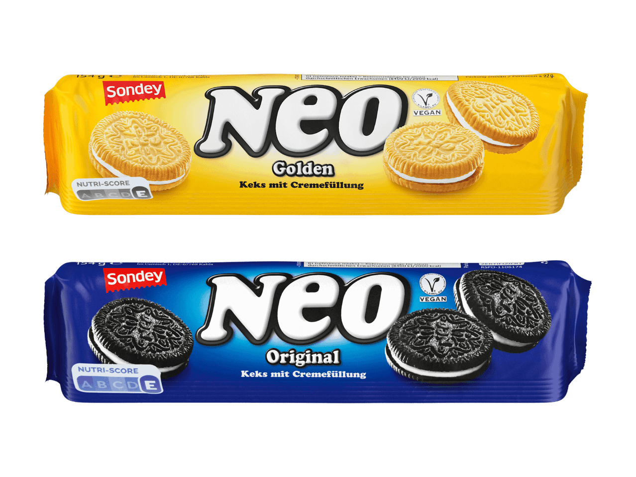 Zwei Packungen Sondey Neo Kekse: Golden und Original, vegan.