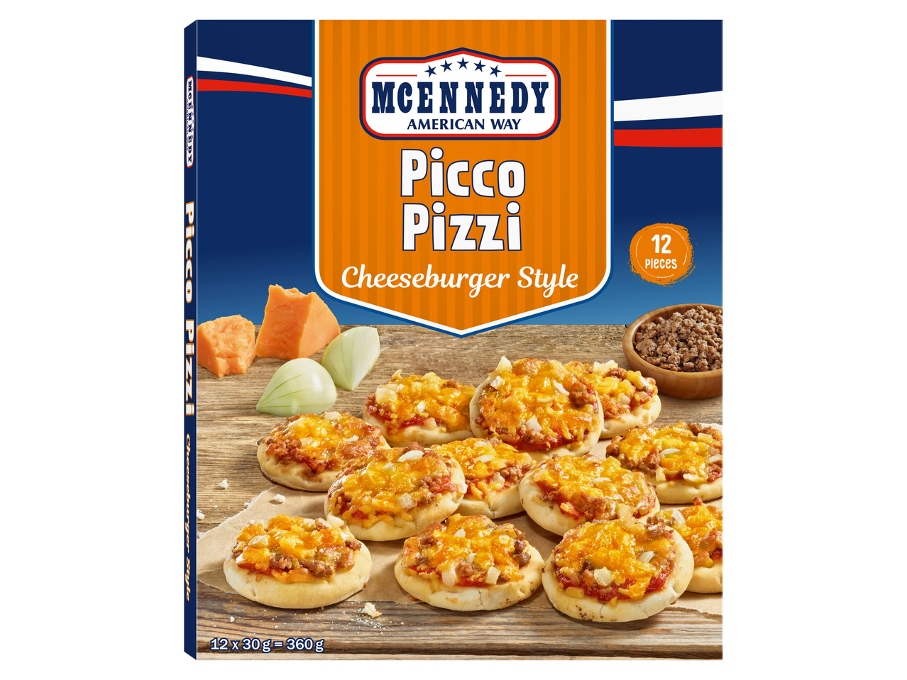 Cutie de McEnnedy Picco Pizzi stil cheeseburger, cu 12 bucăți pe o masă de lemn.