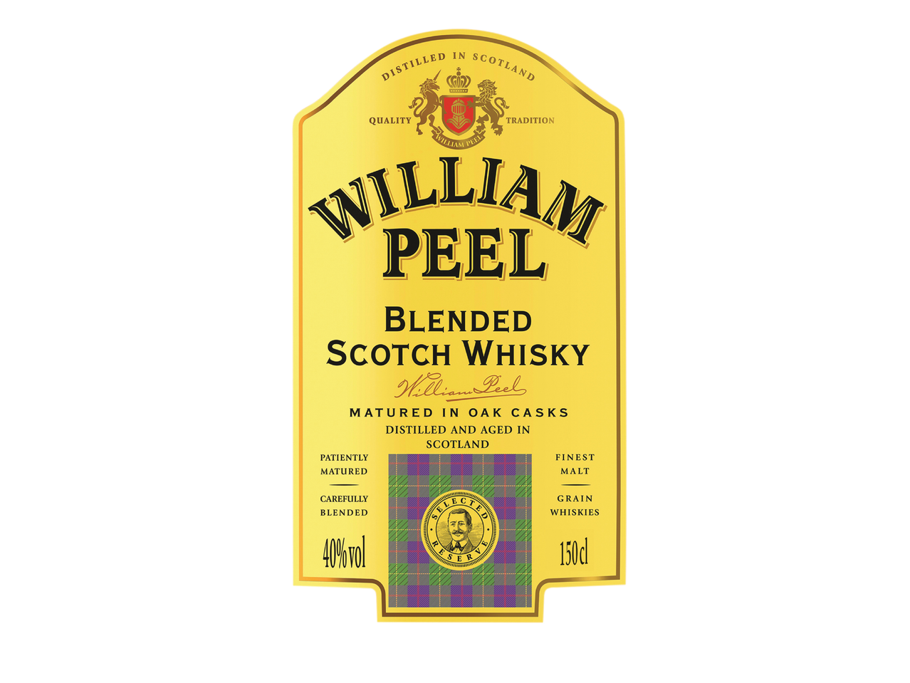 Етикет за бутилка уиски с надпис „Blended Scotch Whisky“, 40% алкохол и 150 cl.