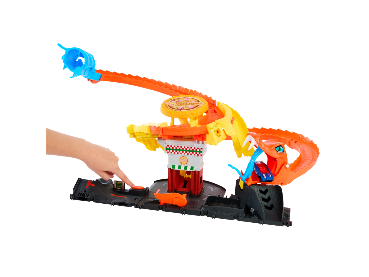 Hot Wheels rinkinys su gyvatės formos lenktynių trasa, picerija ir automobiliu, valdomas vaiko.