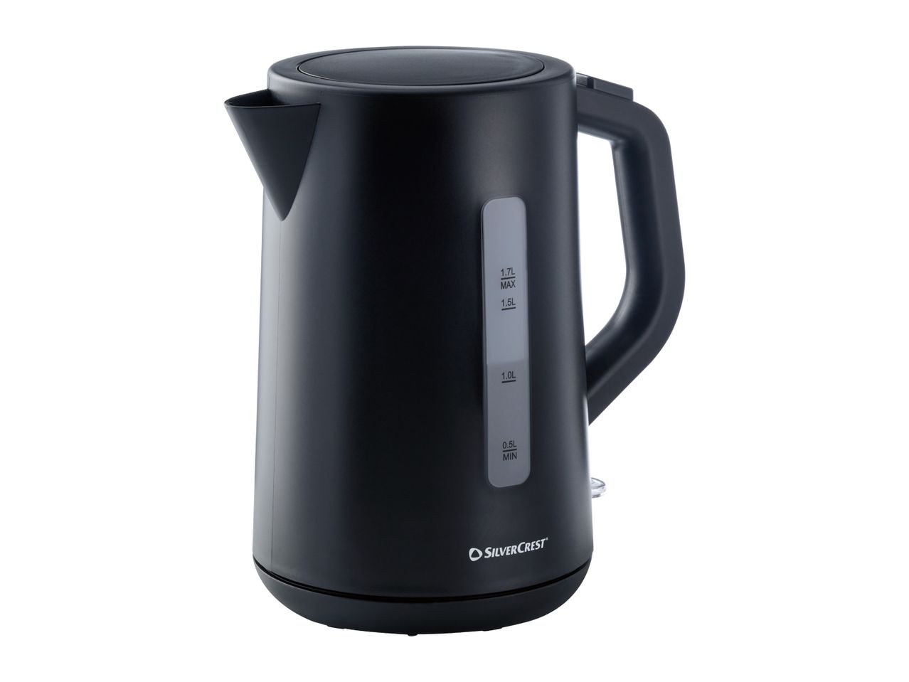 Black electric kettle with a water level indicator showing measurements from 0.5L to 1.7L.