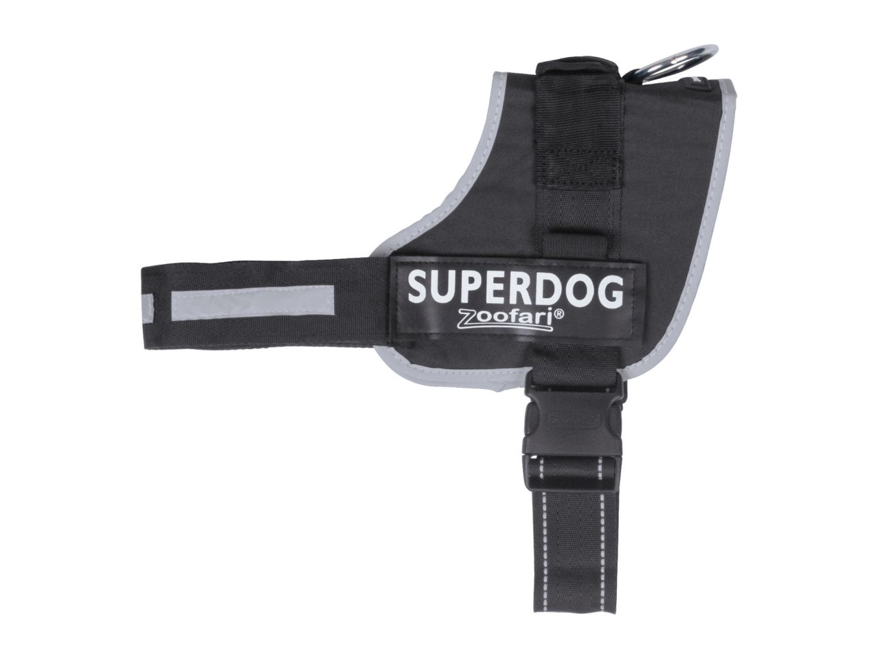 Zooafari Superdog harness in black with reflective strip.