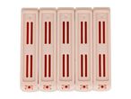 Five beige clothespins with red stripes.