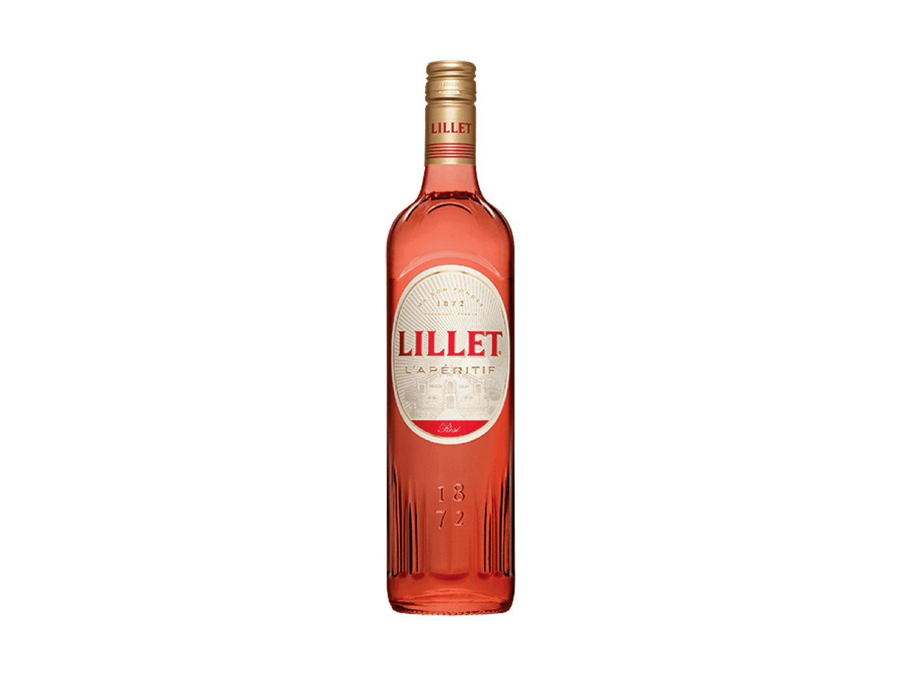 Eine Flasche Rosé-Aperitif mit weißem und rotem Etikett auf schwarzem Hintergrund.