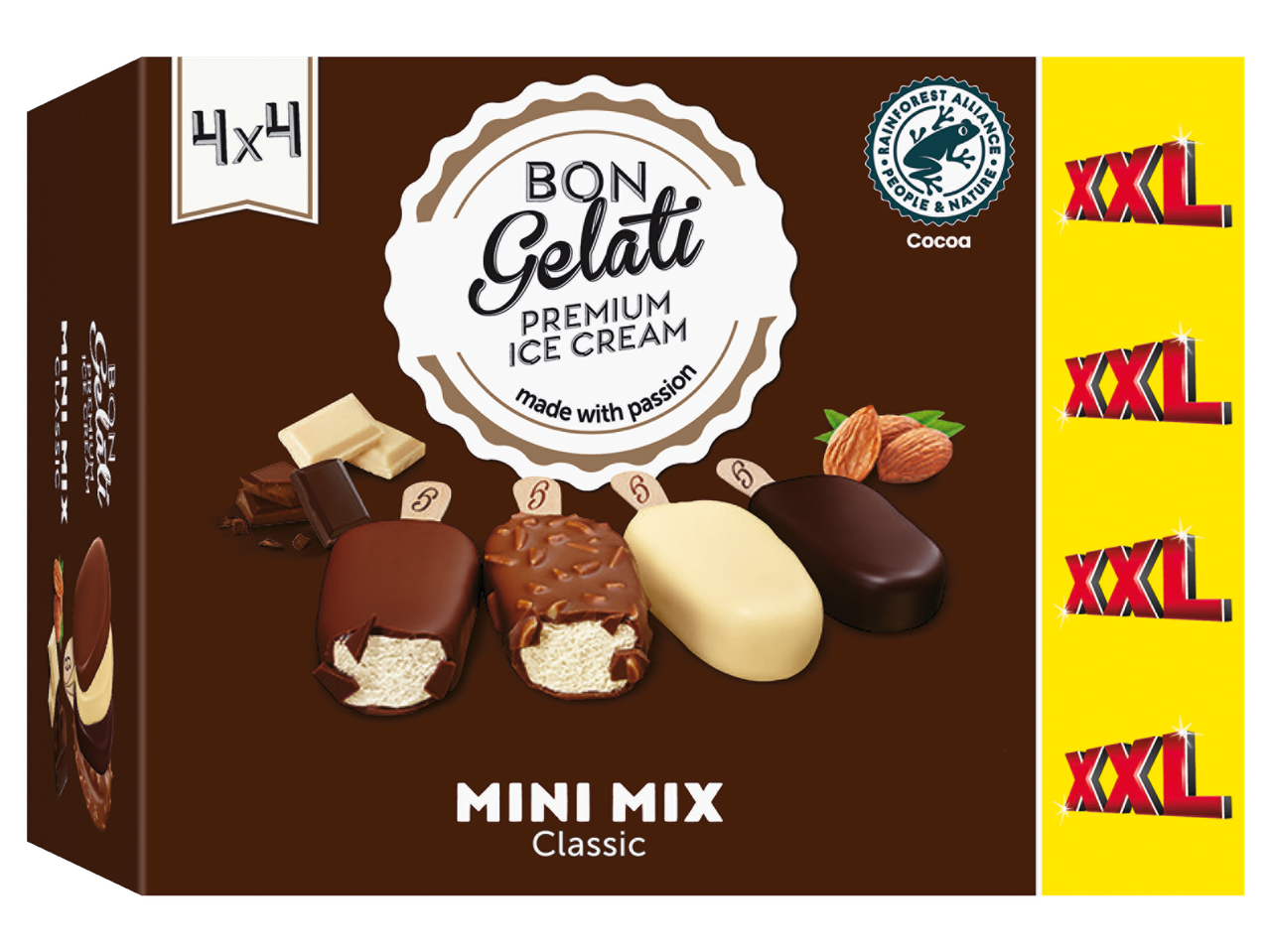 Embalagem de sorvetes Bon Gelati Mini Mix Classic, com quatro palitos de sorvete em sabores de chocolate, avelã e branco.