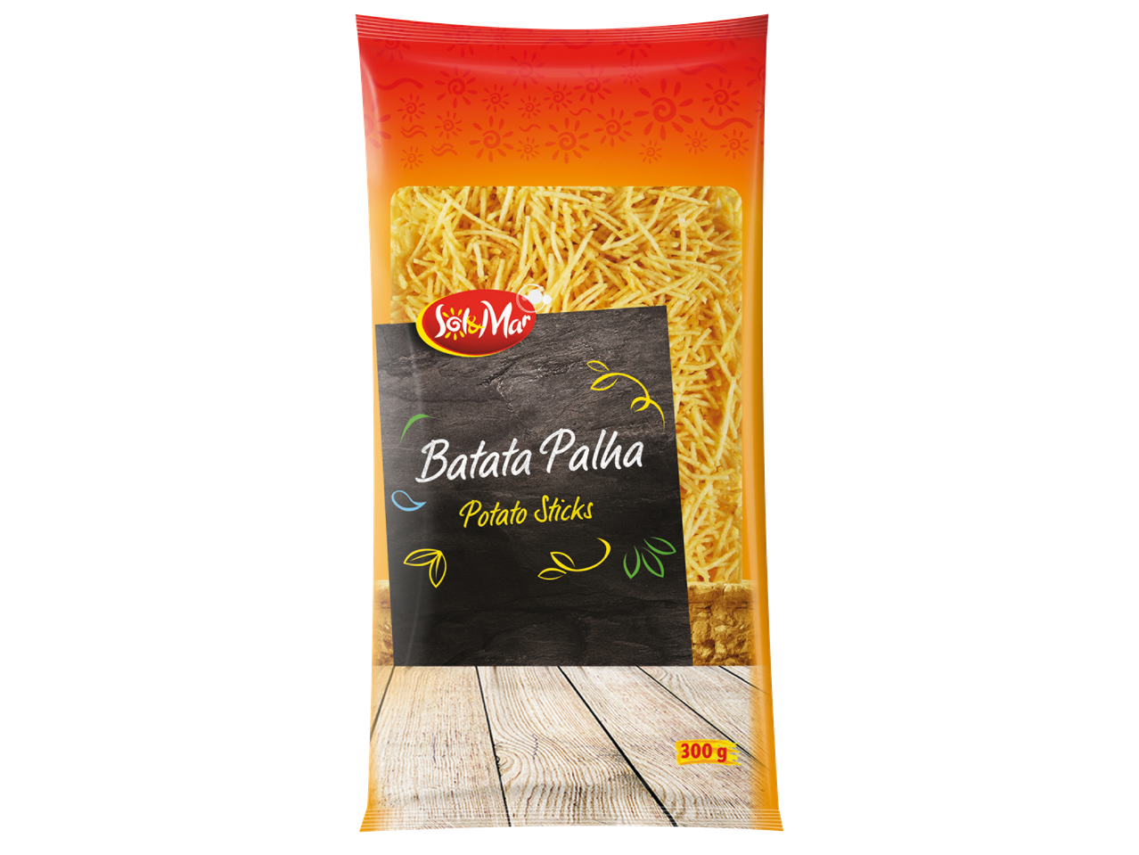 Опаковка картофени пръчици с надпис „Batata Palha Potato Sticks“ и тегло 300 g.