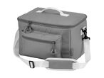 Grey insulated cooler bag with a white shoulder strap and top handle.
