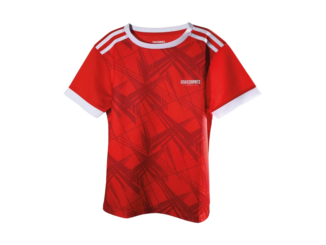 Red short-sleeved sports jersey with white trim and abstract pattern.