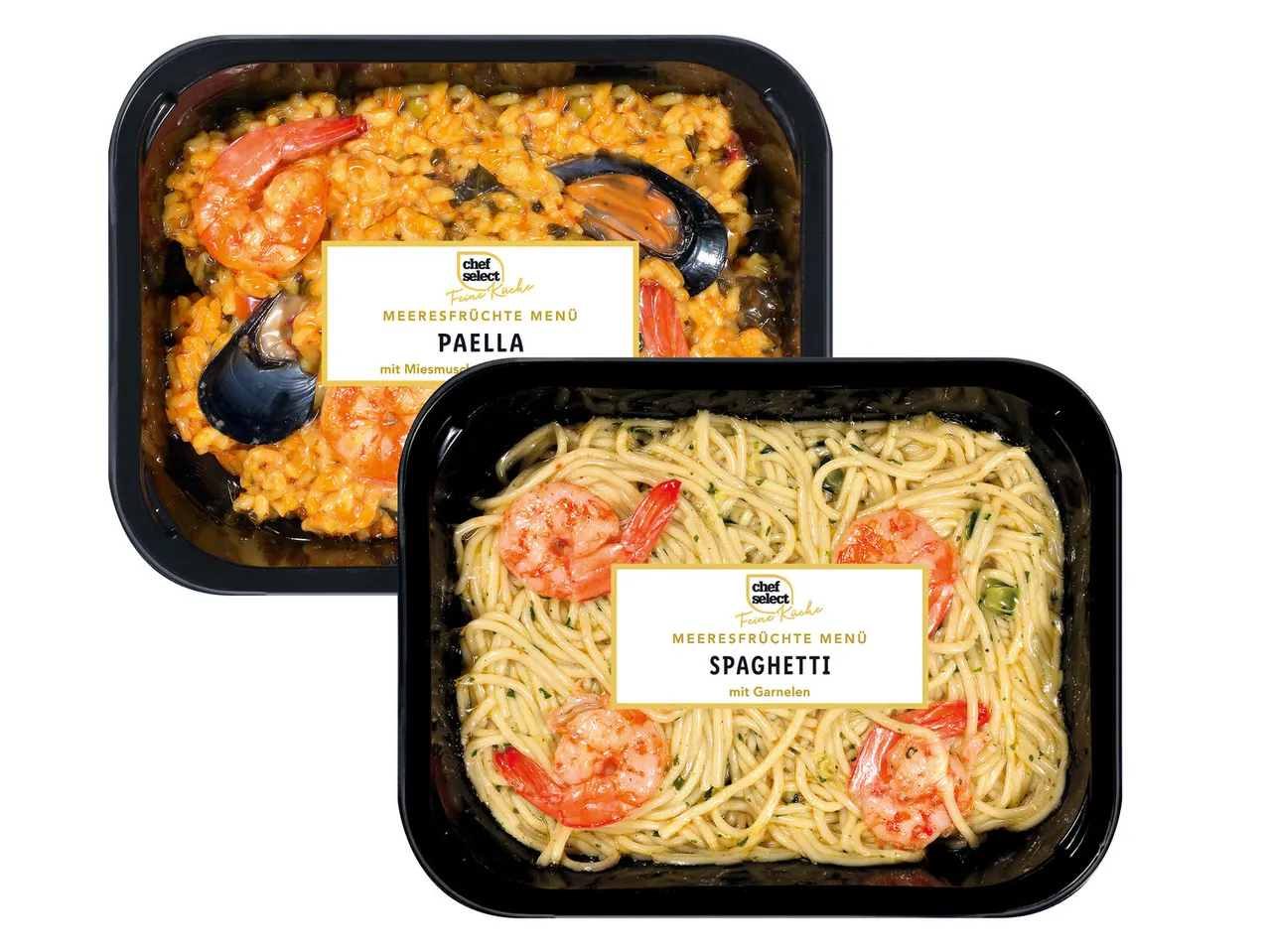 Chef Select: Paella und Garnelenspaghetti.