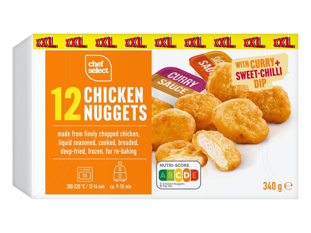 Chef Select 12 db-os XXL csirke nuggets curry és édes-chili szósszal, 340g.