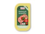 Pakke med skiveskåret spegepølse, mærket 'Sønderjysk spegepølse' og 'Mini køb'.