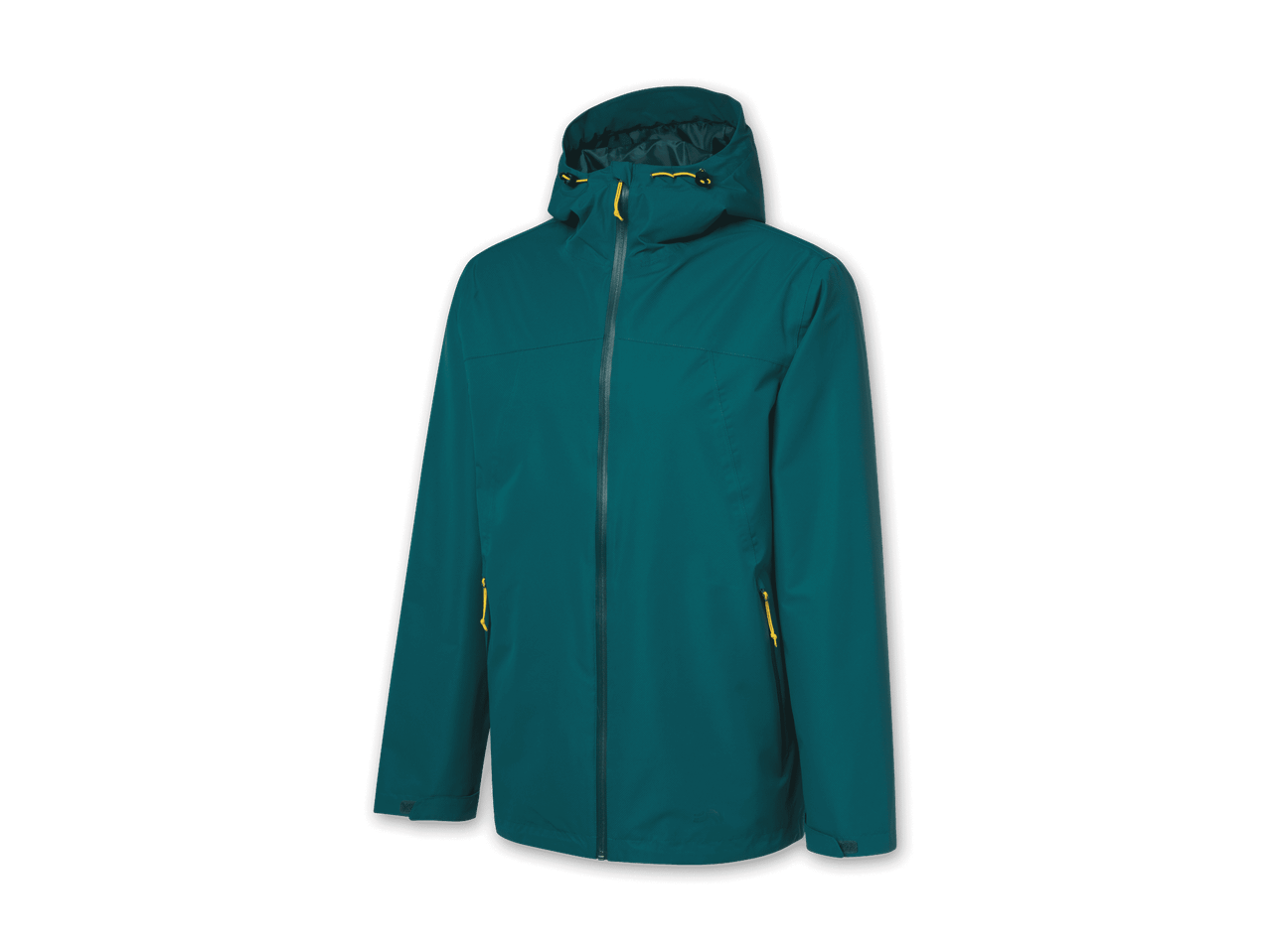 Türkisfarbene Regenjacke mit gelben Kordelzügen auf schwarzem Hintergrund.