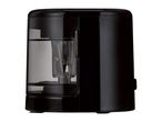 A black electric pencil sharpener with a transparent shavings container.