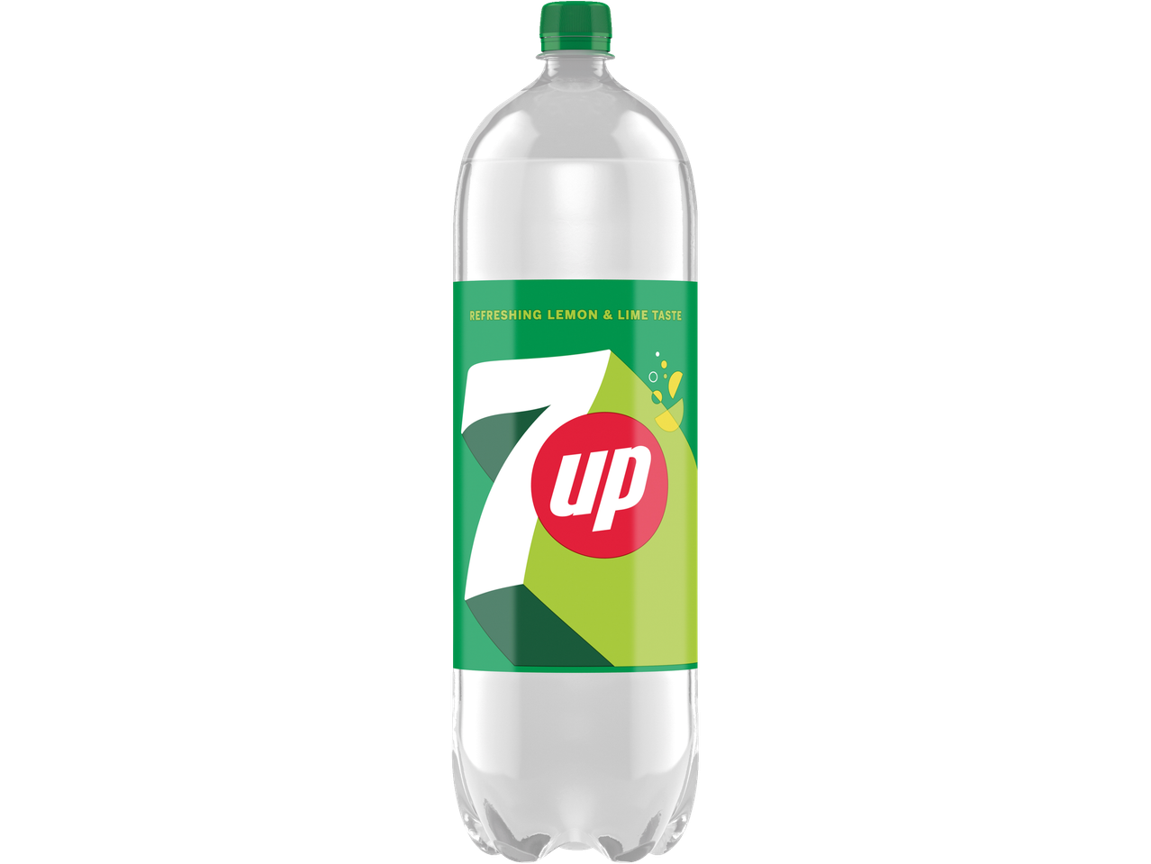 A 2-liter bottle of 7 Up lemon and lime soda.
