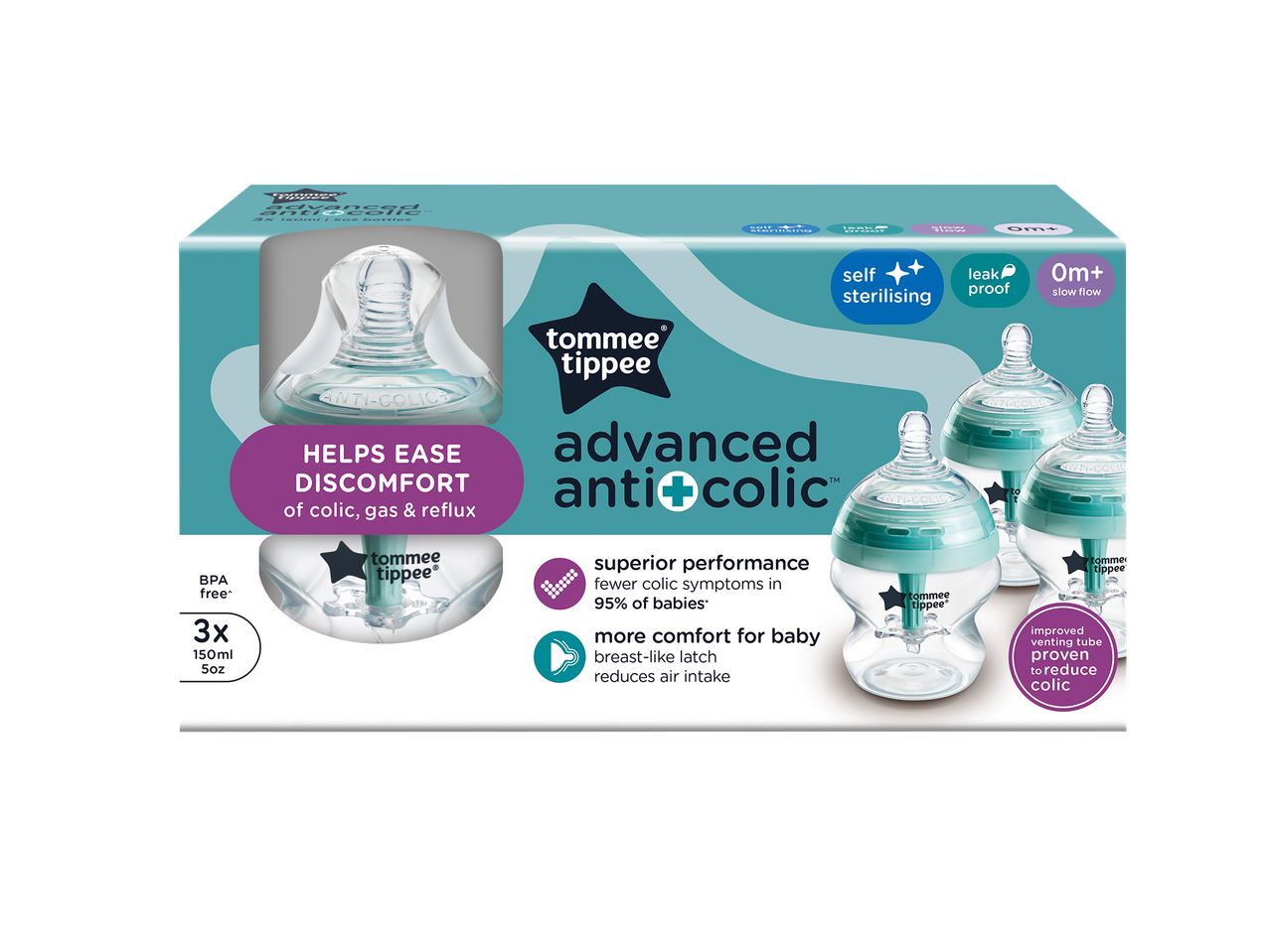 Packaging for three anti-colic baby bottles, highlighting features like self-sterilising and leak-proof.