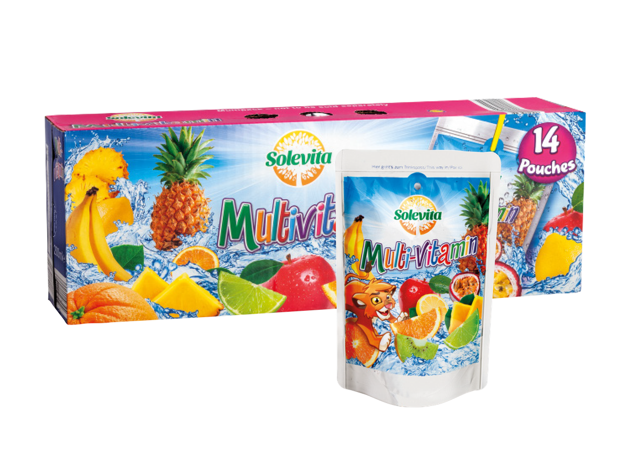 Confezione di 14 bustine di succo multivitaminico Solvita con frutta e acqua.