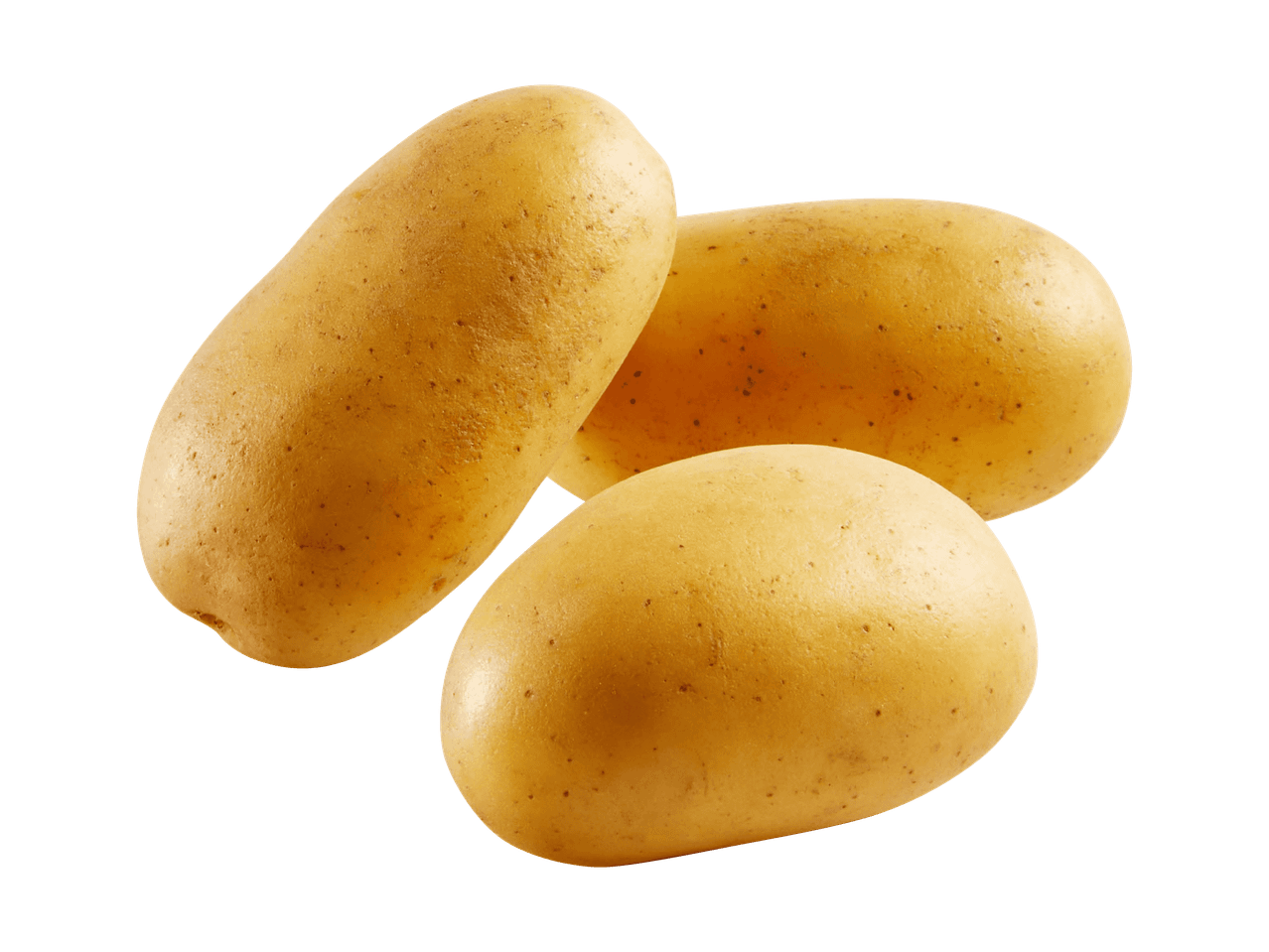 Drei gelbe Kartoffeln auf schwarzem Hintergrund.