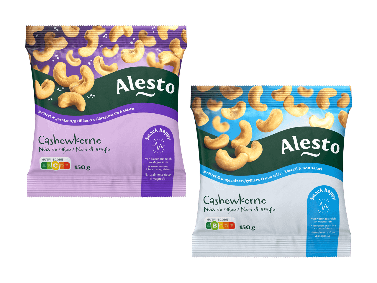 Zwei Packungen Cashewkerne, geröstet & gesalzen sowie geröstet & ungesalzen, je 150 g.