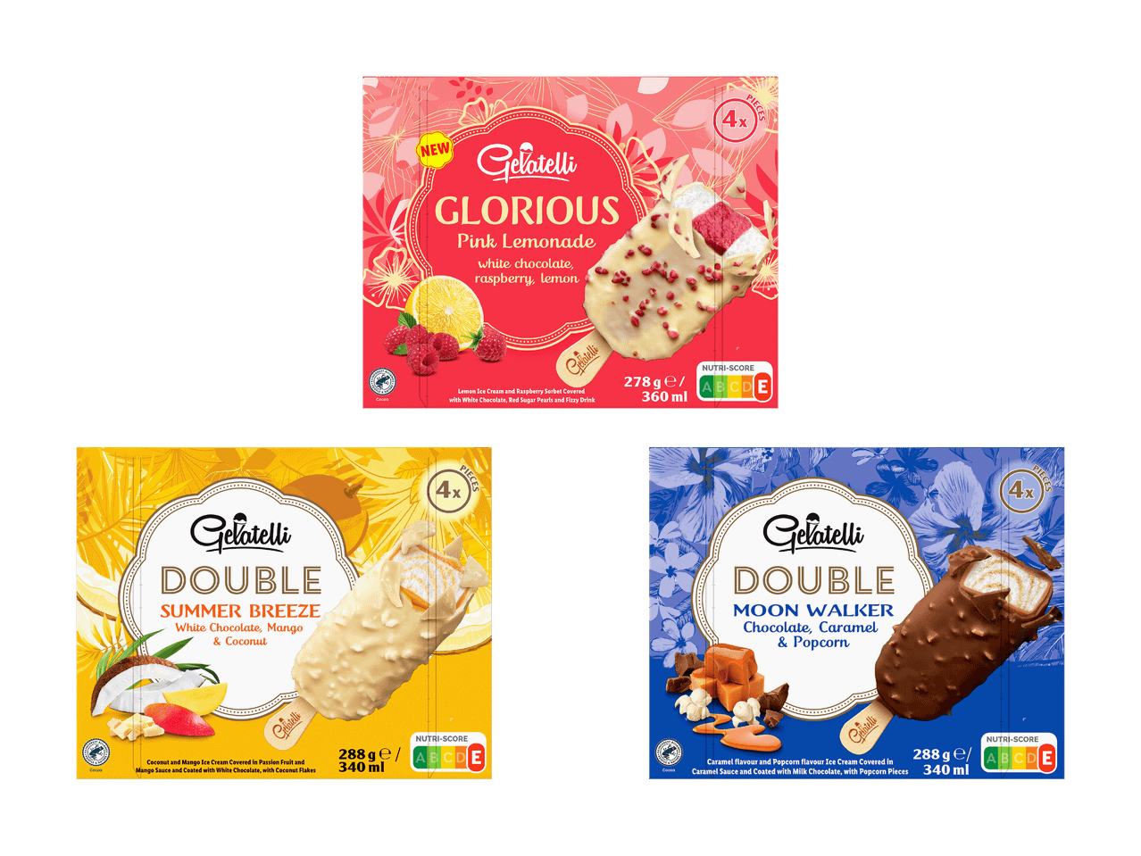 Gelatelli Glorious Pink Lemonade, Double Summer Breeze und Double Moon Walker Eispackungen.