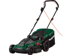 Parkside 1800W Electric Lawnmower in green and black with an orange power cord.